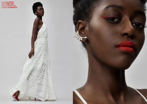 Krull magazine. Black model in Ida Sjöstedt dress and red shoes.