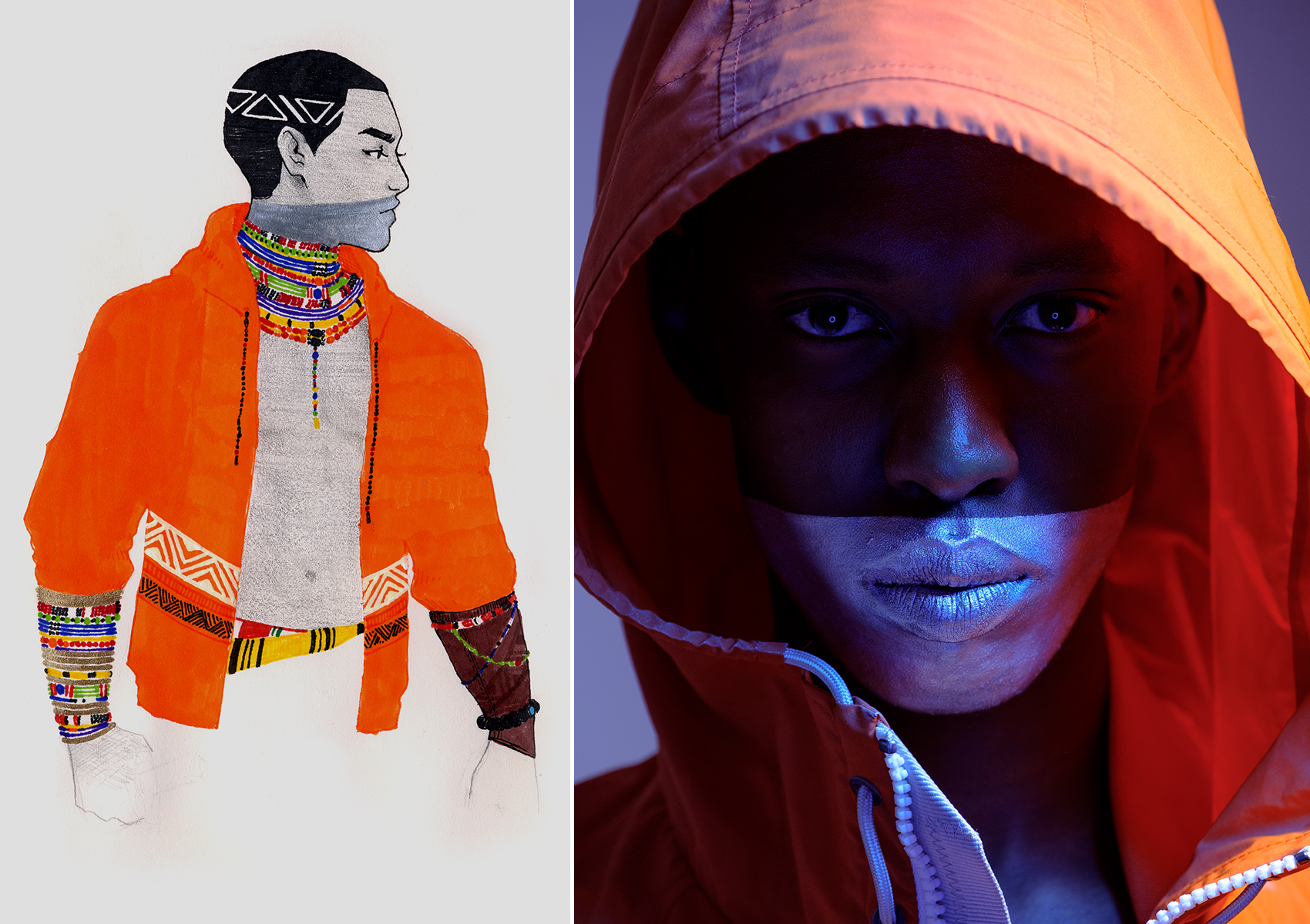 Krull magazine. Male beauty. Black model in silver face paint; superhero