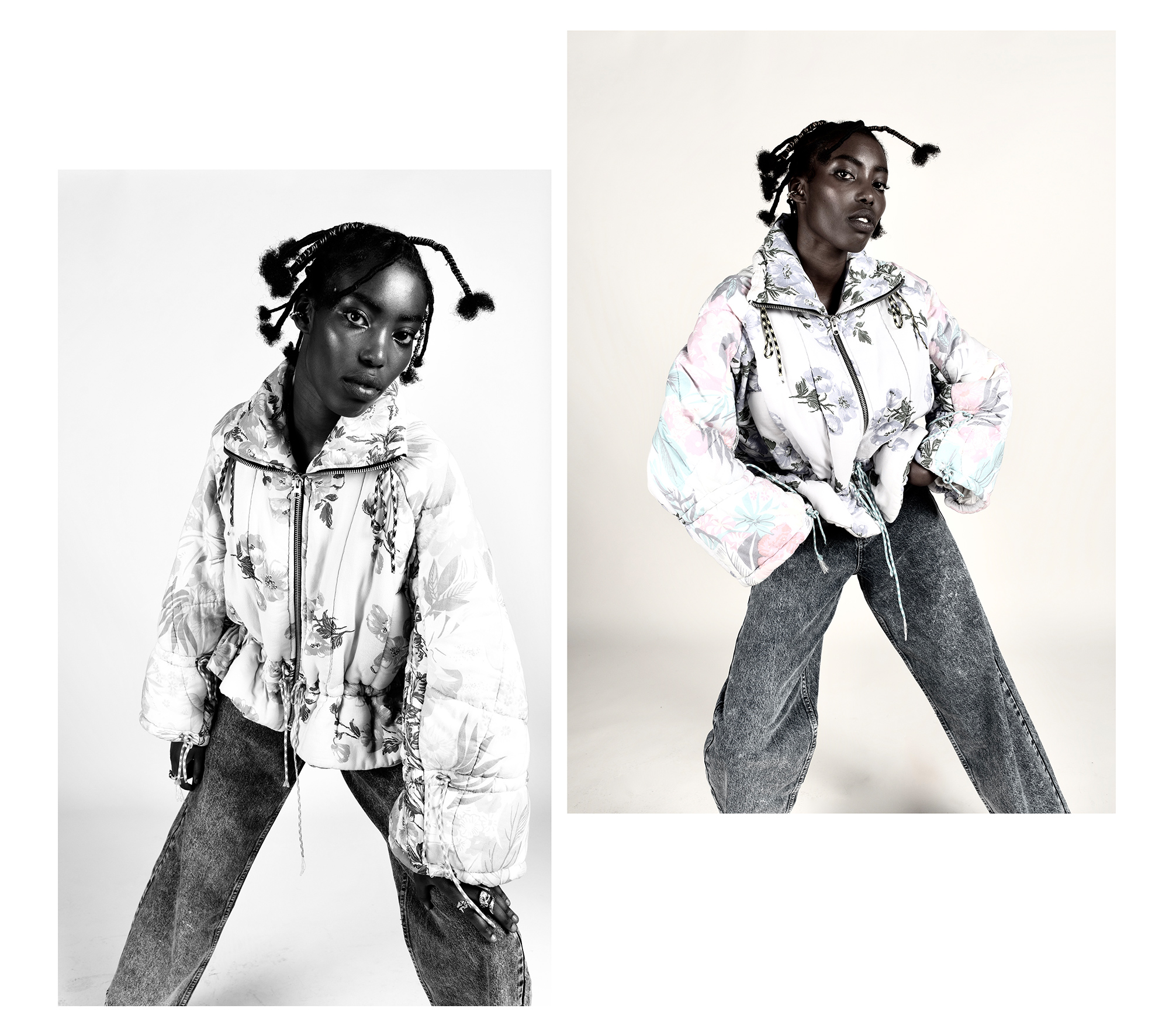 floral puffer jacket, jeans, natural hairstyle